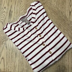 Chico's White and Burgundy Striped Long Sleeve Henley Top
